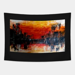 Semi abstract sea scape, sunset at sea city scape Tapestry