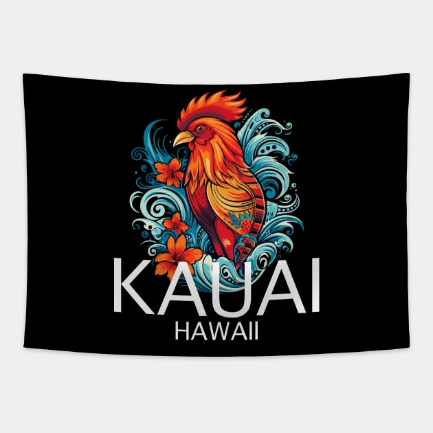 Kauai Hawaii - Rooster (with White Lettering) Tapestry by VelvetRoom