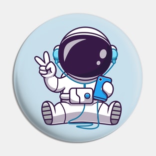 Astronaut Listening Music With Headphone And Peace Hand  Cartoon Pin