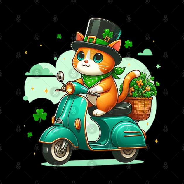 Celebrate St Patricks Day Day with a cute and colorful Cat on a Motorcycle design by click2print