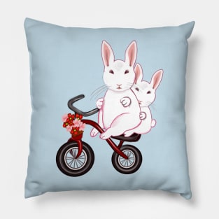 bunny rabbits on a tricycle bicycle- cute bunny rabbits Pillow