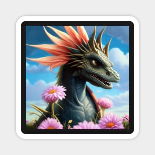 Baby Green Dragon surrounded by Flowers and Blue Sky Magnet