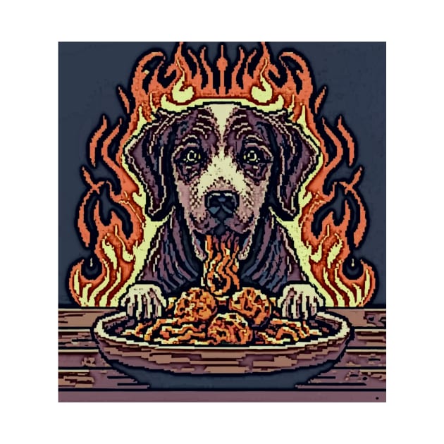 pixel art dog eating spaghetti in Hell by Catbrat