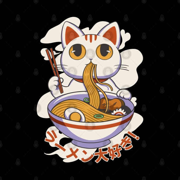 Chinese lucky cat eating ramen out of a bowl best git for chinese cat lover and ramen lovers by AbirAbd