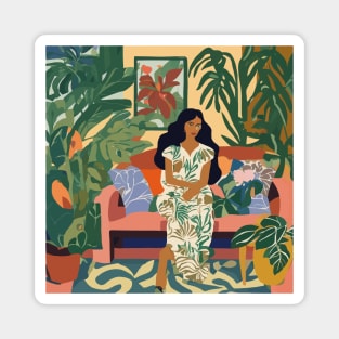 Woman on Couch of Tropical Jungle Garden Apartment After Matisse Magnet