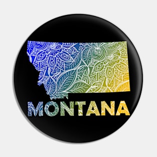 Colorful mandala art map of Montana with text in blue and yellow Pin