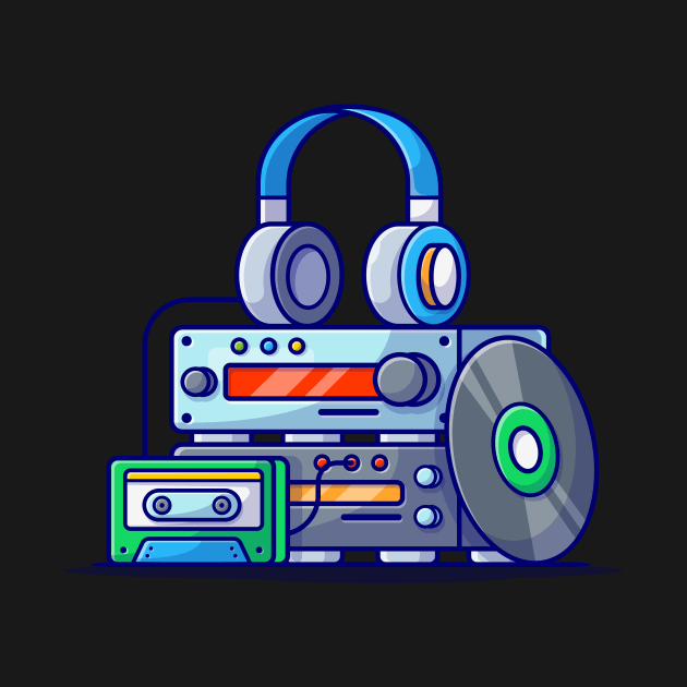 Music Engine Sound Player with Vinyl, Cassette and Headphone Cartoon Vector Icon Illustration by Catalyst Labs