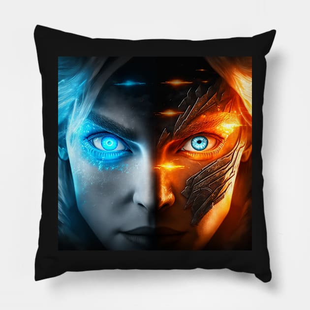 Viking Female Spirit Eyes Ice and Fire Pillow by AICreateWorlds