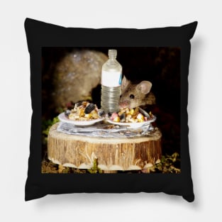 Wild  house garden mouse eating at a table Pillow