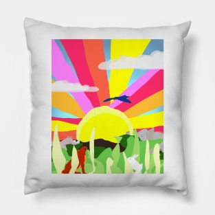 The Quiet Sunrise, with animals in a peaceful fun and colorful landscape Pillow