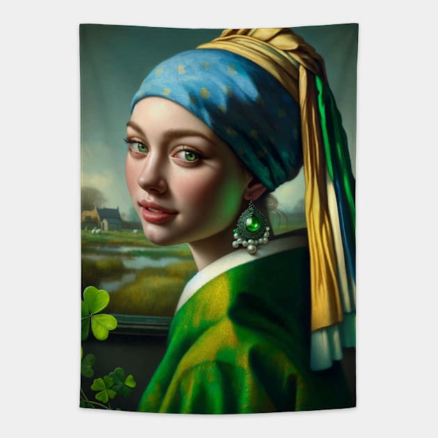 St. Paddy's Pearl: Girl with a Pearl Earring St. Patrick's Day Celebration Tapestry by Edd Paint Something