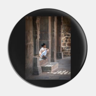 Indian Boy in White Sitting on Temple Steps Pin