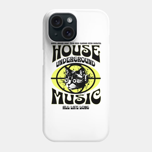 HOUSE MUSIC  - Underground Cat (Black/Yellow) Phone Case by DISCOTHREADZ 