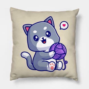 Cute Cat Playing Yarn Ball Cartoon Pillow