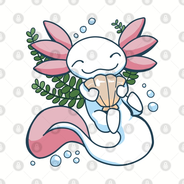 Axolotl with a Seashell - Cute Axolotl Design by ApexDesignsUnlimited