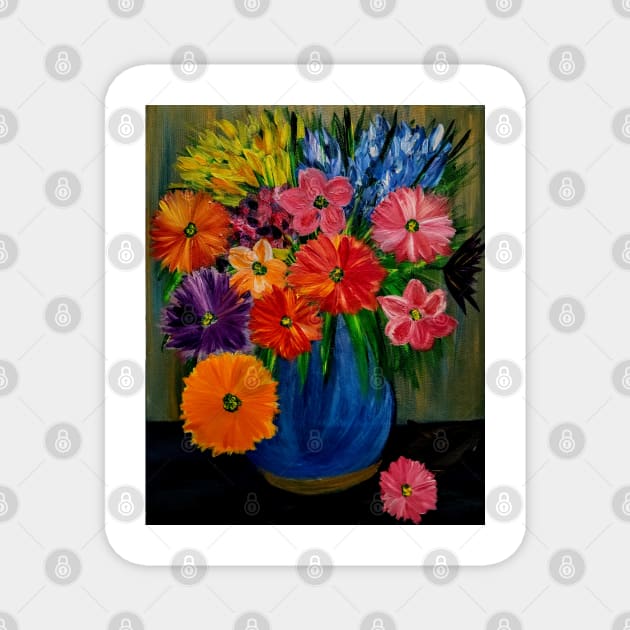 Some abstract vibrant colorful flowers in a glass vase with gold accent on base and top of vase Magnet by kkartwork