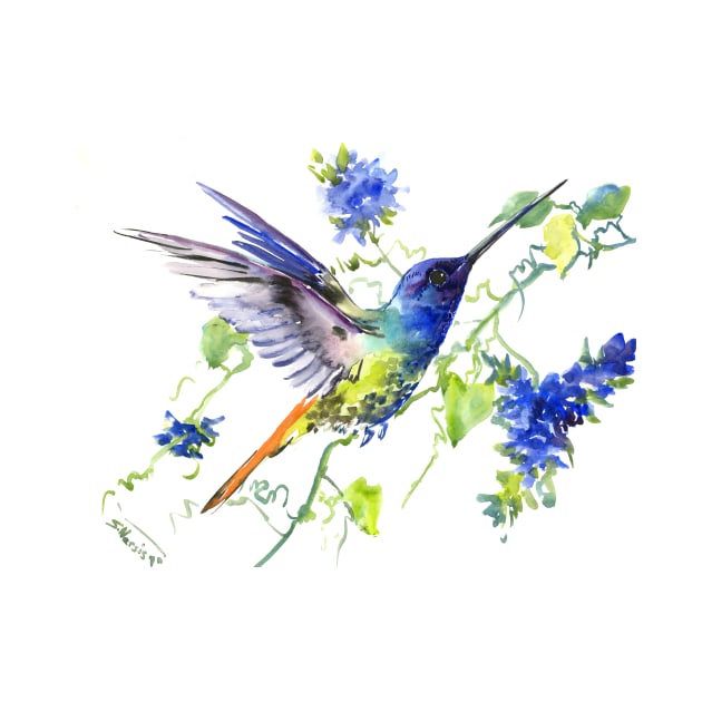 Flying Hummingbird and Blue Flowers by surenart