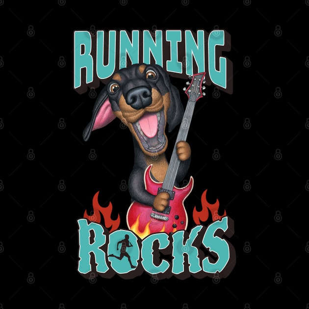 Cute Doxie Dachshund Dog with guitar on Running Rocks tee by Danny Gordon Art