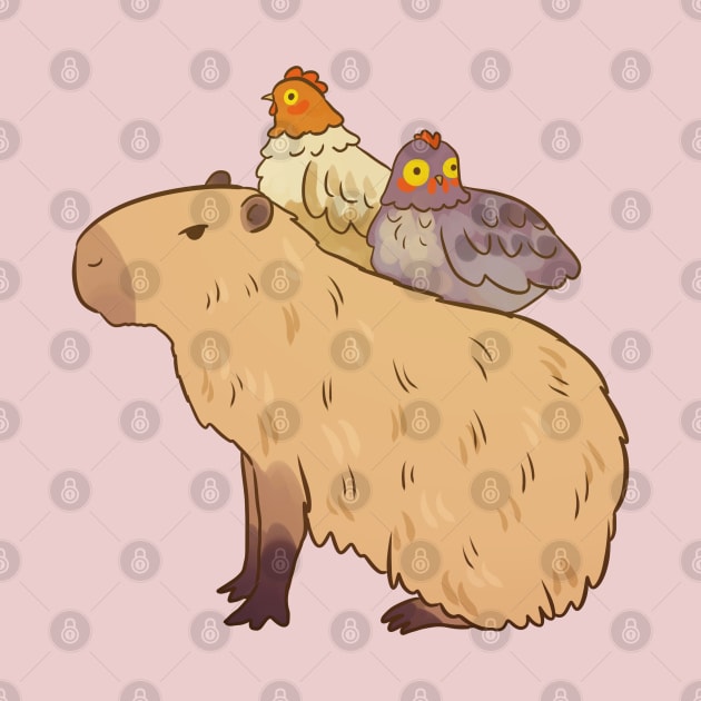 Cute capybara and chickens friends illustration by Yarafantasyart