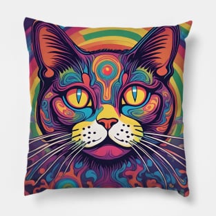 Groovy 70s rainbow colors psychedelic cat Pillow