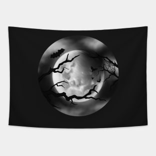 Spooky Full Moon with Bats and Branches Digital Illustration Tapestry