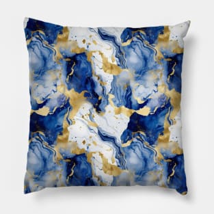 Blue and Gold Liquid Marble Texture Pillow