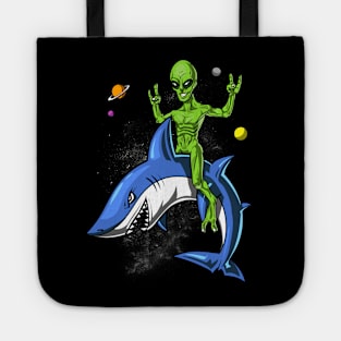 Space Alien Riding Shark Tote