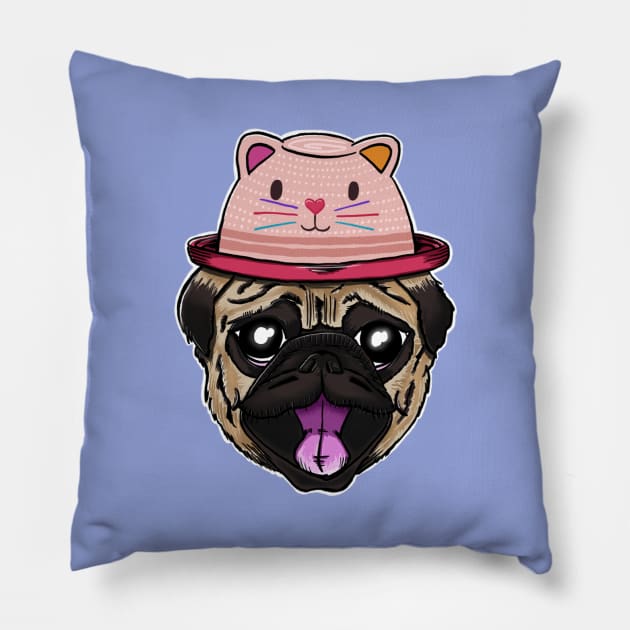 Pug dog with cat hat Pillow by madebystfn