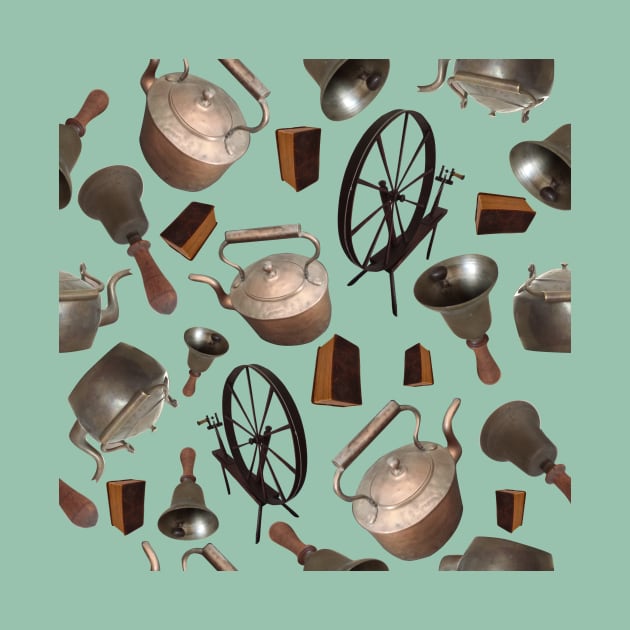 Bells, Books, Spinning Wheels and Kettles on Green by ArtticArlo
