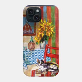 RUSTIC ITALIAN KITCHEN IN FLORENCE Cat,Sunflowers and Wine Phone Case