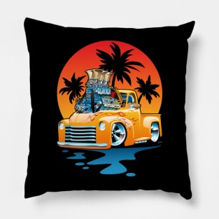 Classic American Hot Rod Pick-up Truck with Sunset Cartoon Pillow