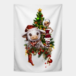 Cute christmas cow with little elf and christmas tree Tapestry