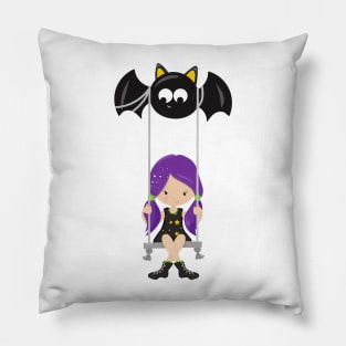 Halloween, Witch On A Swing, Bat, Trick Or Treat Pillow