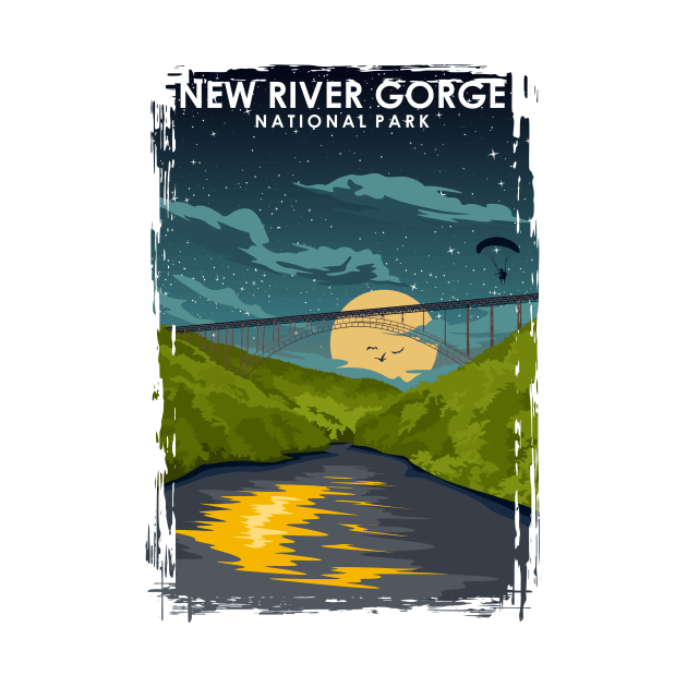 New River Gorge National Park at Night Vintage Minimal Travel Poster by jornvanhezik