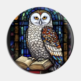 Stained Glass Style White Snowy Owl Sitting On Books Pin