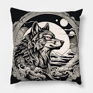 Vintage Japanese Tattoo Art Moonlight Mountain Wolf Pillow