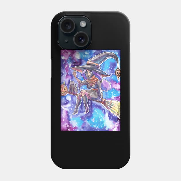 Cute Witch Girl on a Broomstick with her Cat Phone Case by saradaboru