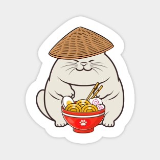 Funny fat cat is eating noodles Magnet
