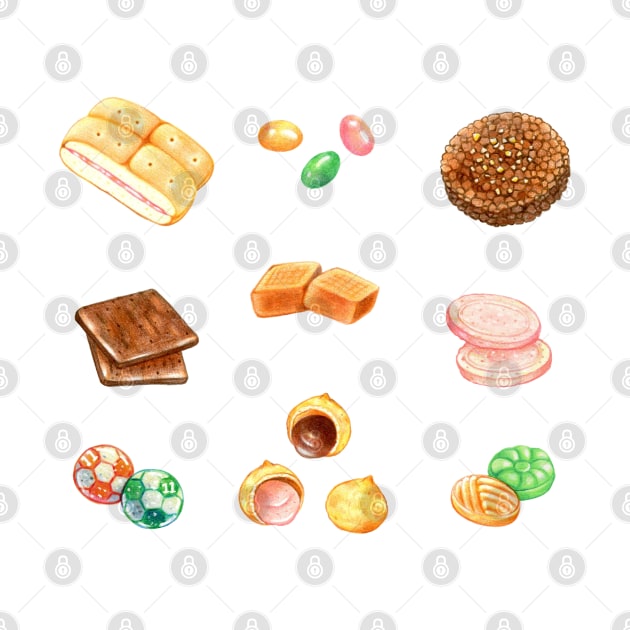 Taiwan Traditional Food - Nostalgic Snacks 台灣懷舊零食 - Apple Bread, Caramel Candy, Cream Puffs by Rose Chiu Food Illustration