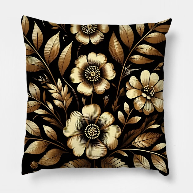 Gold Floral Illustration Pillow by Jenni Arts