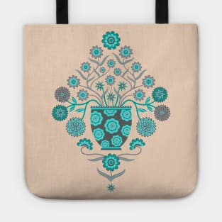 JARDINIERE Vintage Damask Flowers in Floral Vase Turquoise Teal Gray - UnBlink Studio by Jackie Tahara Tote