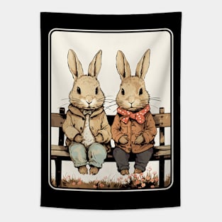 Easter Rabbits On Park Bench Bunny Lovers Tapestry