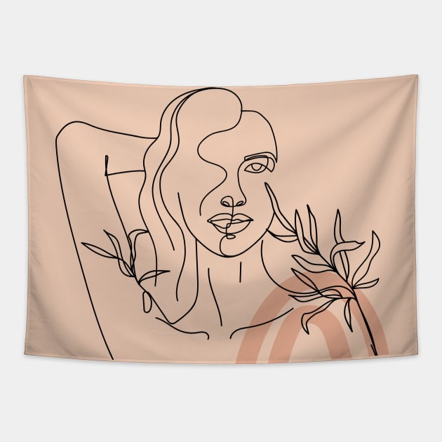 Minimal Woman line art. One line woman body with leaves and abstract shape. Tapestry by CoCoArt-Ua