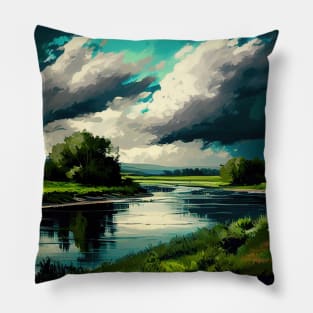 Blue and Green Spring River Scenery Pillow