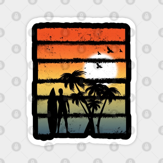 Summer Sunset Graphic Icon Surfer Ocean Palm Magnet by YouthfulGeezer