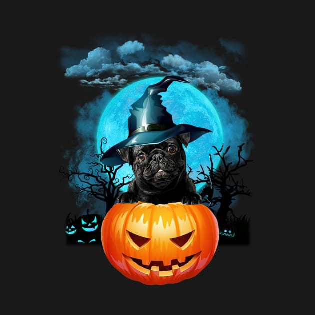 Black Pug Witch Hat Pumpkin And Blue Moon Halloween by Centorinoruben.Butterfly