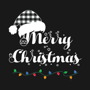 Merry Christmas Lights Santa Hat With White Plaid Xmas Holiday T-Shirt