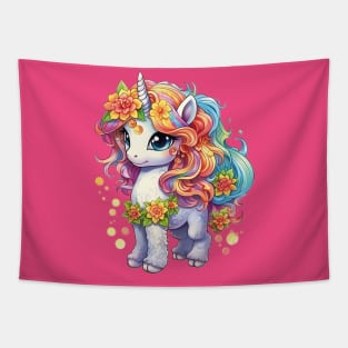 Majestic Harmony: Beautiful Unicorn with Colorful Flowing Mane and Flowers Design Tapestry