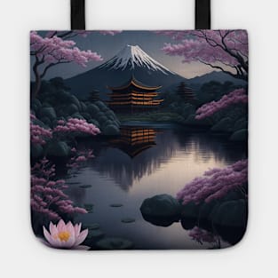 Serene Mount Fuji Sunset - Peaceful River Scenery - Lotus Flowers Tote