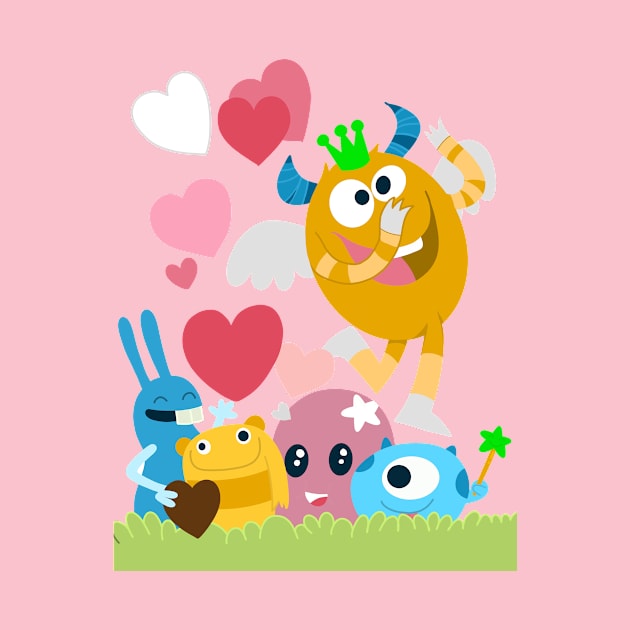 Cute monsters group in love with pink heart. by 9georgeDoodle